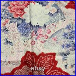 Japanese Kimono Furisode Pure Silk Fan Surface Flower Tie Dye Madder Red