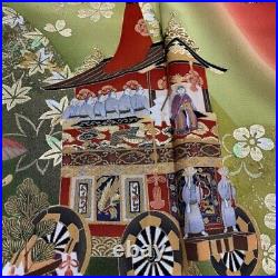 Japanese Kimono Furisode Pure Silk Festival Float Gold and Silver Paint Red