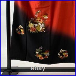 Japanese Kimono Furisode Pure Silk Floral Emblem Butterfly Gold Thread Red