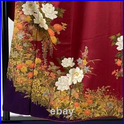 Japanese Kimono Furisode Pure Silk Flower Basket Gold Paint Deep Red Color