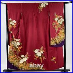 Japanese Kimono Furisode Pure Silk Flower Basket Gold Paint Deep Red Color