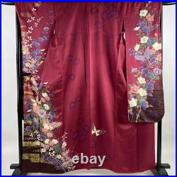 Japanese Kimono Furisode Pure Silk Flower Butterfly Gold Paint Purplish Red