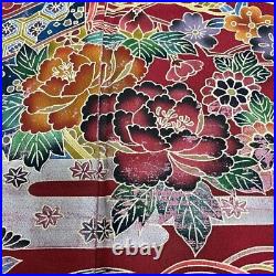 Japanese Kimono Furisode Pure Silk Flower Misty Pattern Crepe Fabric Deep Red