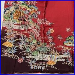 Japanese Kimono Furisode Pure Silk Flower Misty Pattern Crepe Fabric Deep Red