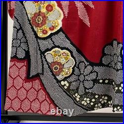 Japanese Kimono Furisode Pure Silk Flower Noshi Gold Thread Aperture Red Color