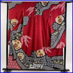 Japanese Kimono Furisode Pure Silk Flower Noshi Gold Thread Aperture Red Color