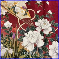 Japanese Kimono Furisode Pure Silk Folding Fan Tree Peony Gold Paint Deep Red