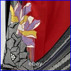 Japanese Kimono Furisode Pure Silk Geometrical Pattern Flowers Tie Dye Dark Red