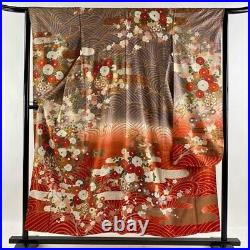 Japanese Kimono Furisode Pure Silk Hanaguruma Egasumi Gold Paint Red