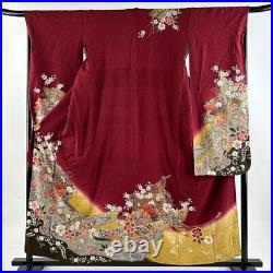 Japanese Kimono Furisode Pure Silk Hand Drum Hinoki Fan Gold Thread Deep Red