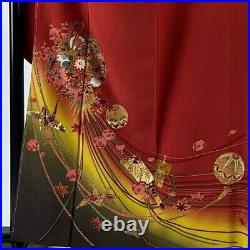Japanese Kimono Furisode Pure Silk Lined Ball Crane Foil Red Embroidery Mari