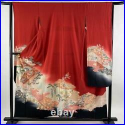 Japanese Kimono Furisode Pure Silk Lined Birds Flowers Haze Silver Red Black