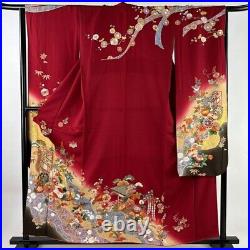 Japanese Kimono Furisode Pure Silk Lined Goshoguruma Flower Foil Red Formal