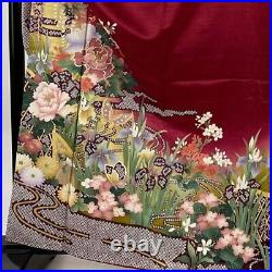 Japanese Kimono Furisode Pure Silk Lined Grass Flower Butterfly Foil Thread Red