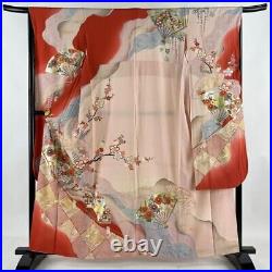 Japanese Kimono Furisode Pure Silk Lined Kimono Fan Chrysanthemum Madder Red