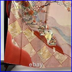Japanese Kimono Furisode Pure Silk Lined Kimono Fan Chrysanthemum Madder Red