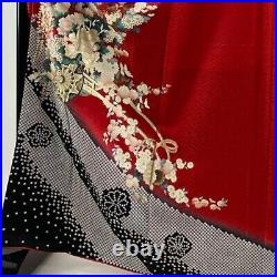 Japanese Kimono Furisode Pure Silk Lined Kimono Hanaguruma Flowers Aperture Red