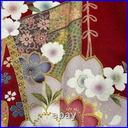 Japanese Kimono Furisode Pure Silk Lined Kityou Cherry Blossom Foil Dyeing Red