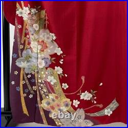 Japanese Kimono Furisode Pure Silk Lined Kityou Cherry Blossom Foil Dyeing Red