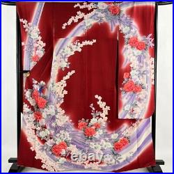 Japanese Kimono Furisode Pure Silk Lined Peacock Grass Flowers Silver Red Formal