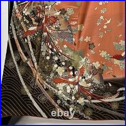 Japanese Kimono Furisode Pure Silk Long Tailed Fowl An Ox Drawn Coach Red Color