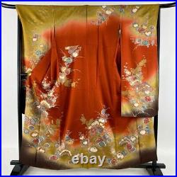 Japanese Kimono Furisode Pure Silk Manjugiku Paulownia Tomentosa Madder Red