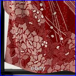 Japanese Kimono Furisode Pure Silk Moutan All By Tie Dyeing Crimson Red