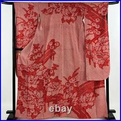 Japanese Kimono Furisode Pure Silk Moutan Chrysanthemum Tie Dye Vermilion Red