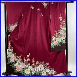 Japanese Kimono Furisode Pure Silk Moutan Flowering Plant Dark Reddish Red