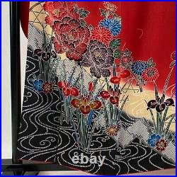Japanese Kimono Furisode Pure Silk Moutan Flowering Plants Gradation Deep Red