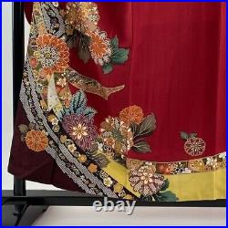 Japanese Kimono Furisode Pure Silk Noshi Chrysanthemum Gold Paint Dark Red