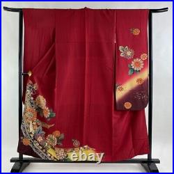 Japanese Kimono Furisode Pure Silk Noshi Chrysanthemum Gold Paint Dark Red