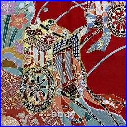 Japanese Kimono Furisode Pure Silk Ox Carriage Flowers Gold Thread Red