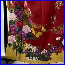 Japanese Kimono Furisode Pure Silk Peony Grass Flowers Gold Paint Red Color