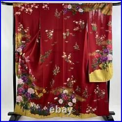 Japanese Kimono Furisode Pure Silk Peony Grass Flowers Gold Paint Red Color