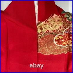 Japanese Kimono Furisode Pure Silk Pine Tree Noshi Gold Paint Red For Formal Use