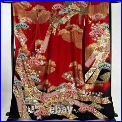 Japanese Kimono Furisode Pure Silk Pine Tree Noshi Gold Paint Red For Formal Use