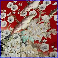 Japanese Kimono Furisode Pure Silk Prunus Japonica Birds Gold Thread Shibori Red