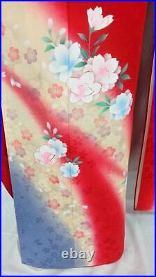 Japanese Kimono Furisode Pure Silk Red Cherry Blossom Pattern