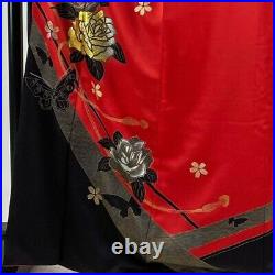 Japanese Kimono Furisode Pure Silk Rose Butterfly Dyed In Various Colours Red