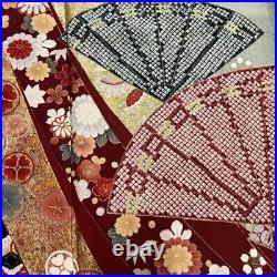 Japanese Kimono Furisode Pure Silk Screen Folding Fan Gold Paint Madder Red