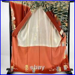 Japanese Kimono Furisode Pure Silk Screen Folding Fan Gold Paint Madder Red