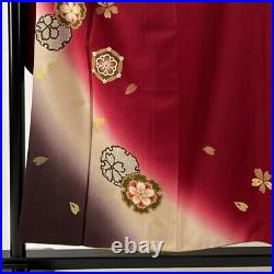 Japanese Kimono Furisode Pure Silk Snowflake Shaped Cherry Blossom Madder Red