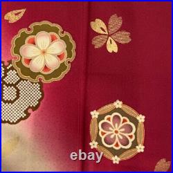 Japanese Kimono Furisode Pure Silk Snowflake Shaped Cherry Blossom Madder Red