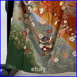 Japanese Kimono Furisode Pure Silk Snowflake Shaped Family Crest Vermilion