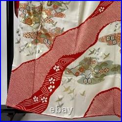 Japanese Kimono Furisode Pure Silk Yamato All Sides Of A Fan Bird Tie Dye Red