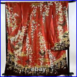 Japanese Kimono Furisode Pure Silk Yamato Cherry Blossom Butterfly Madder Red