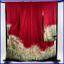 Japanese Kimono Furisode Pure Silk Yamato Flower Basket Bridge Red