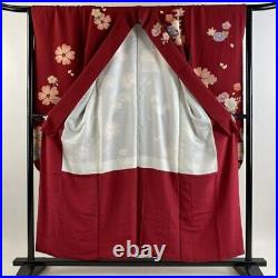 Japanese Kimono Furisode Yamato Moutan Ran Chrysanthemum Silk Crepe Red Color