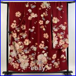 Japanese Kimono Furisode Yamato Moutan Ran Chrysanthemum Silk Crepe Red Color